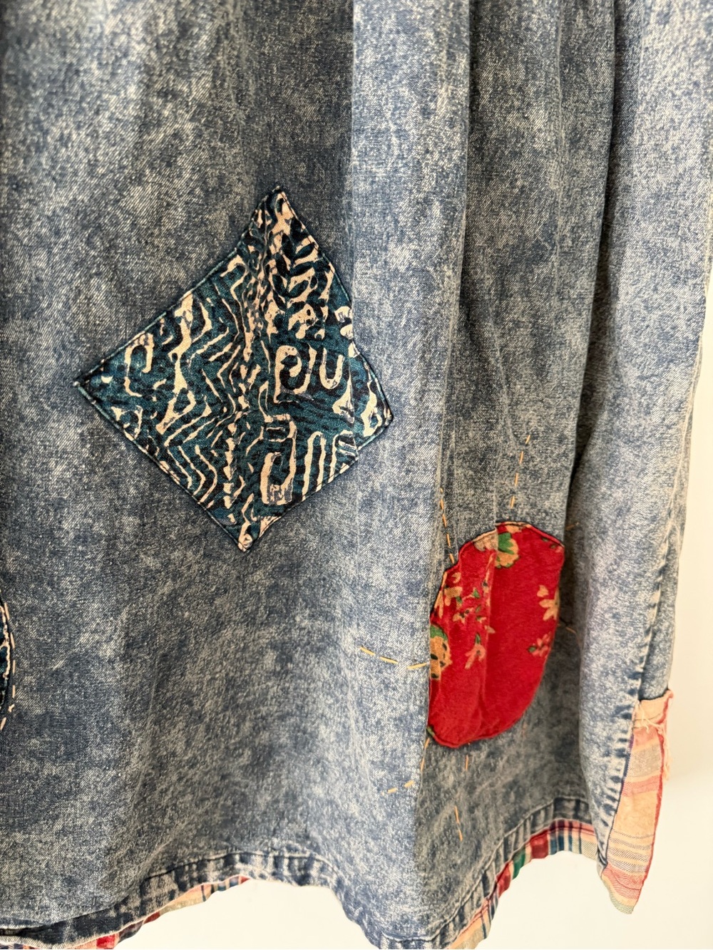 Boho Patchwork Denim Dress Tiered Folk Art Embroidered Sleeveless V Neck Cottage - Picture 5 of 9